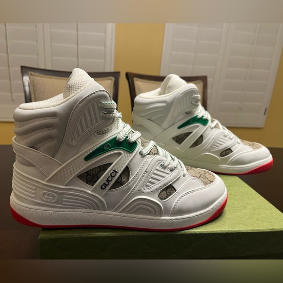 New Gucci High Top GG Supreme Logo White Tan Sneaker Shoes Size UK 10 / US 10.5 - Picture 3 of 15